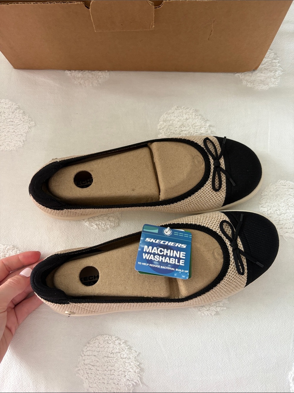 Skechers Beige and Black Knit Ballet Flats with Bow